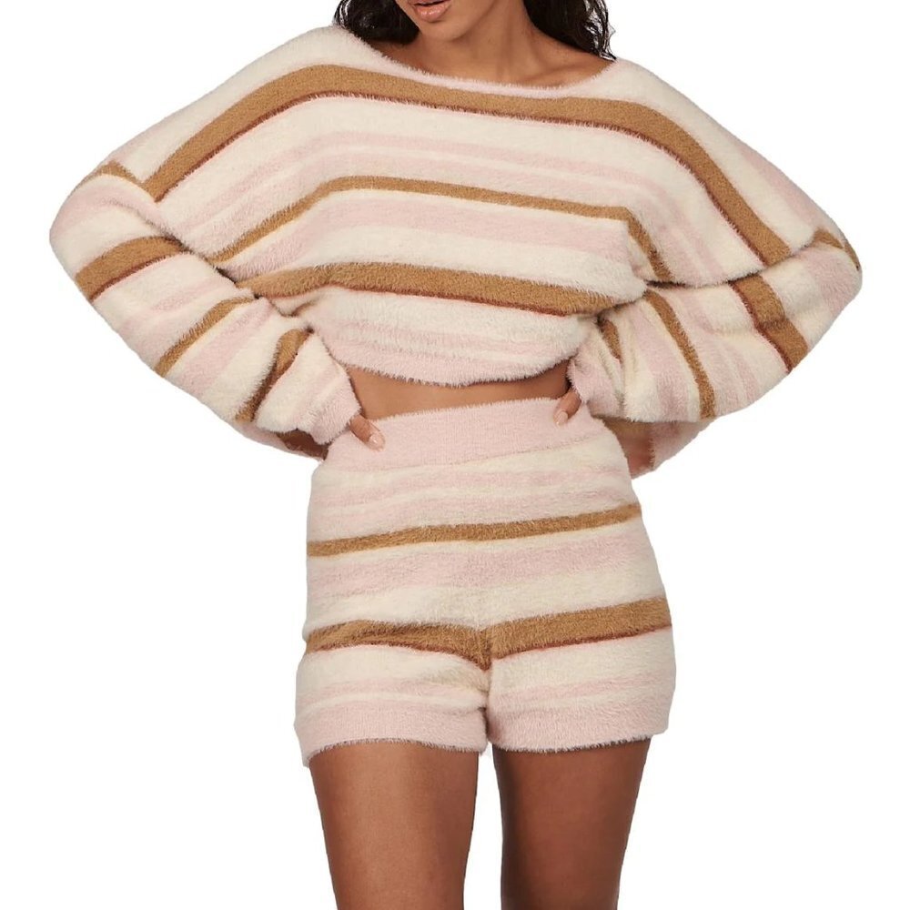 CHARLIE HOLIDAY TELLOW STRIPED FUZZY KNIT LONG SLEEVE CROP TOP - Picture 5 of 7